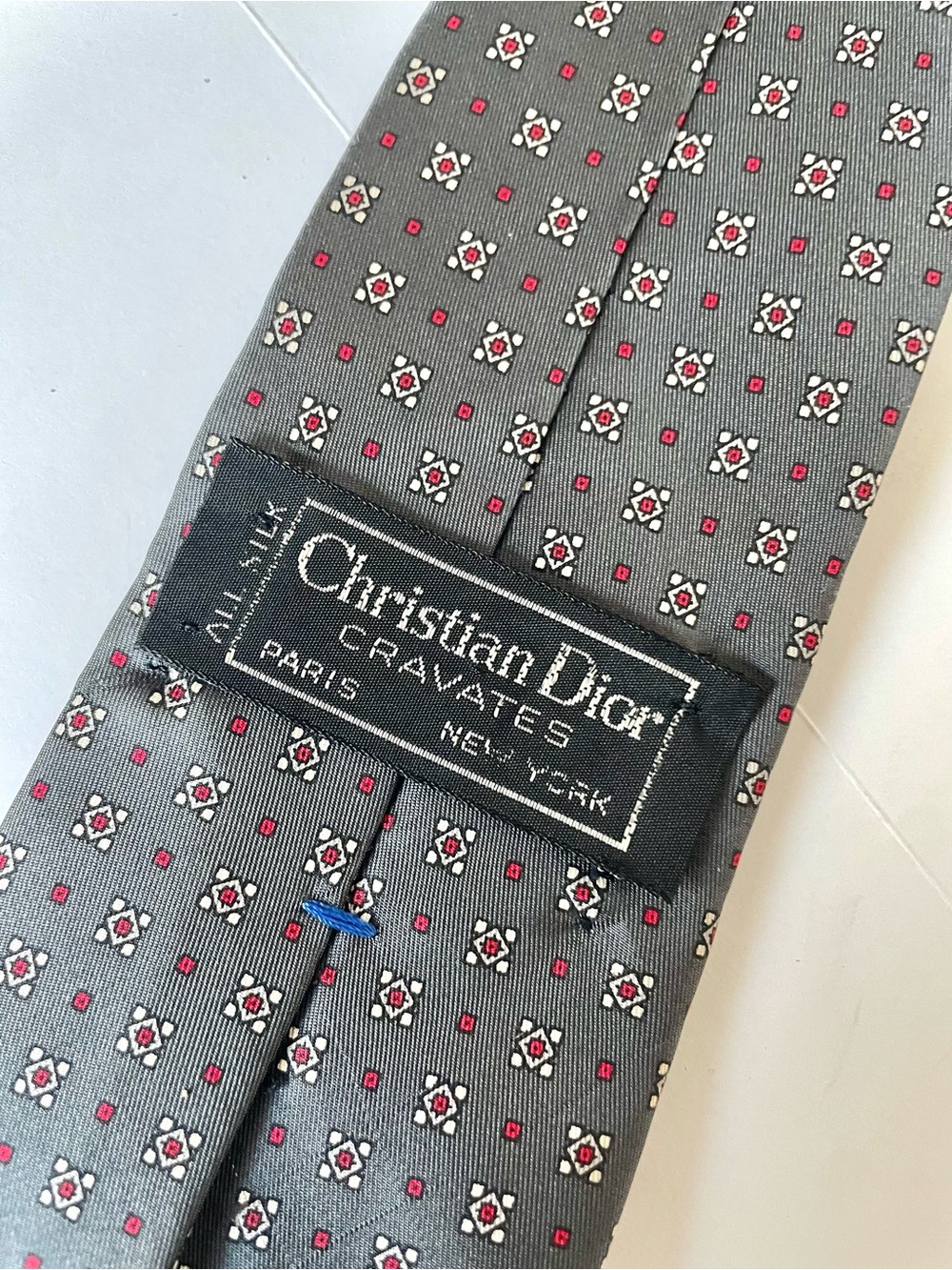 Dior Grey Silk Tie with Red and White Micro Medallions